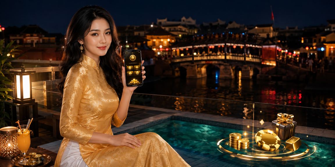 Phụ nữ mặc áo dài Hội An sử dụng app casino 888to trên điện thoại