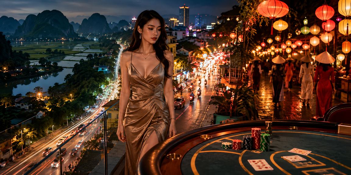 Không khí chợ đêm Ninh Bình và người chơi baccarat trực tuyến qua điện thoại vào buổi tối